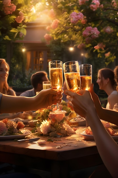 Grupa przyjaciół pijących szklanki szampana na romantycznej kolacji na świeżym powietrzu