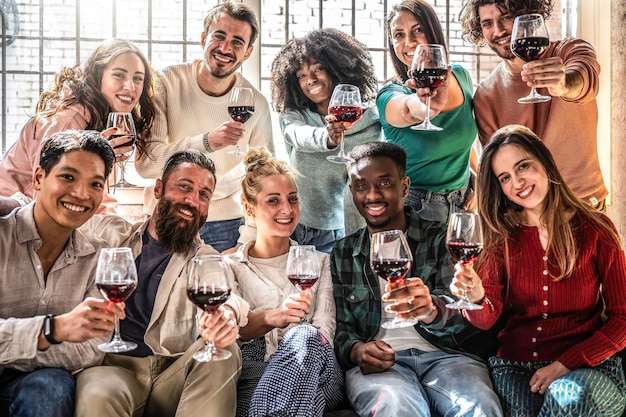 Zdjęcie grupa przyjaciół pije czerwone wino siedząc w salonie w domu generacja z i tysiąclecia cieszą się imprezą razem koncepcja stylu życia z facetami i dziewczynami