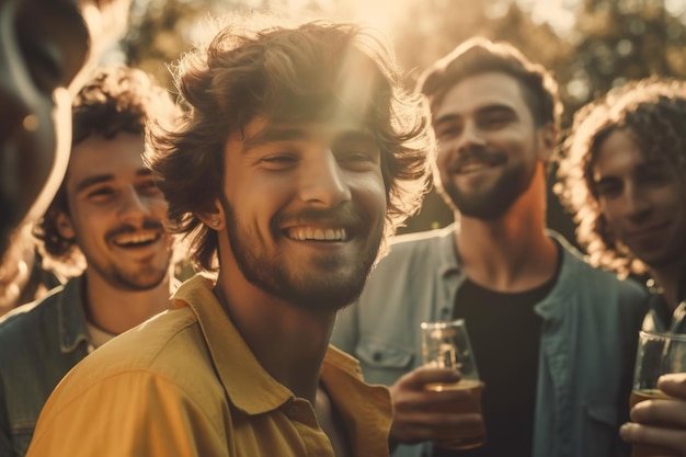 Grupa przyjaciół pije piwo i uśmiecha się.