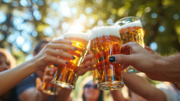 Grupa przyjaciół podnoszących toasty z kieliszkami piwa na letniej imprezie