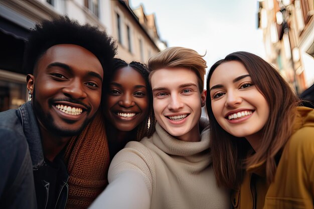 Grupa przyjaciół razem uśmiechniętych wieloetnicznych nastolatków robiących sobie selfie Pojęcie przyjaźni