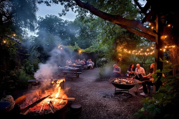 Grupa przyjaciół robi grilla w lesie w nocy.