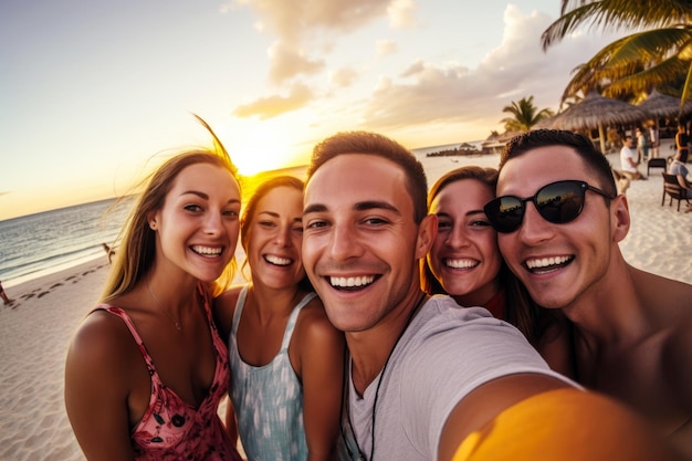 Grupa przyjaciół robi selfie podczas zachodu słońca na plaży.