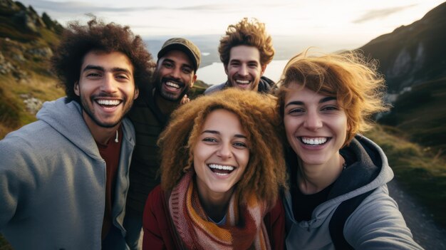 Zdjęcie grupa przyjaciół robiących selfie na górskiej drodze wieloetniczna grupa przyjaciół bawiąca się na świeżym powietrzu generatywna sztuczna inteligencja