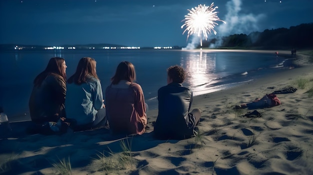 Grupa przyjaciół siedzących na plaży w nocy i oglądających fajerwerki Generative ai