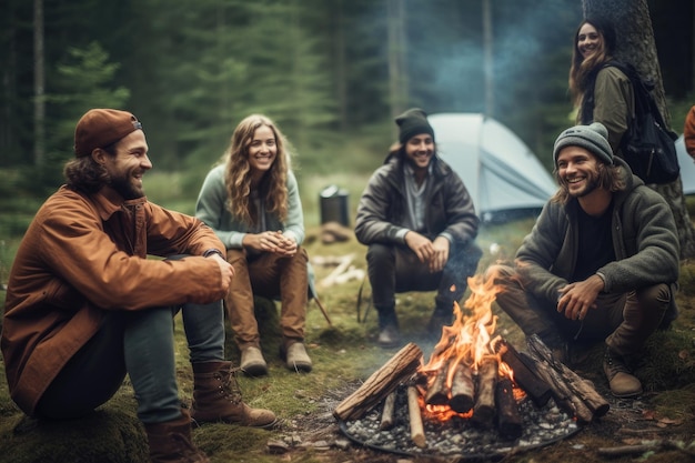 Grupa przyjaciół siedzących wokół ognia w lesie Koncepcja kempingu Grupa turystów relaksujących się w pobliżu ognia w turystycznym tle