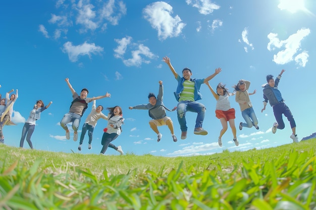 Grupa przyjaciół skaczących w powietrze z szczęściem i radością w słoneczny dzień