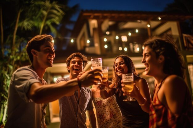 Grupa przyjaciół spędzających noc przy basenie w ogrodzie willi, brzęczących piwem podczas świętowania Generacyjna sztuczna inteligencja