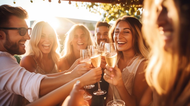 Grupa przyjaciół świętuje z szampanem.