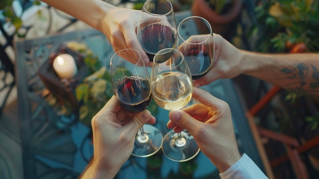 Grupa przyjaciół wypijających kieliszki z winem bawiących się na tarasie restauracji na zewnątrz