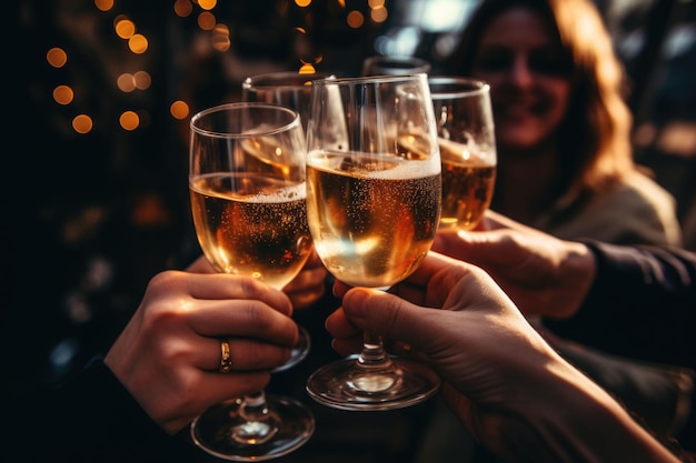 Grupa przyjaciół wznosi toast szampanem. Rozmazane tło Ilustracja generatywna AI