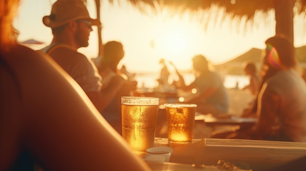 grupa przyjaciół z obiadem i napojami na plaży wakacje z przyjaciółmi zabawne świętowanie czas letni