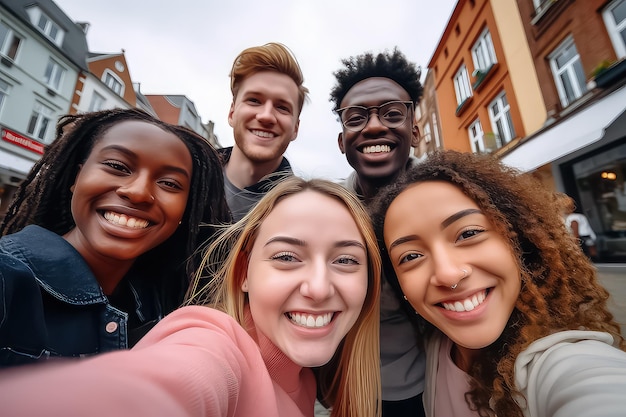 Grupa przyjaciół z różnych ras robi sobie selfie na ulicy