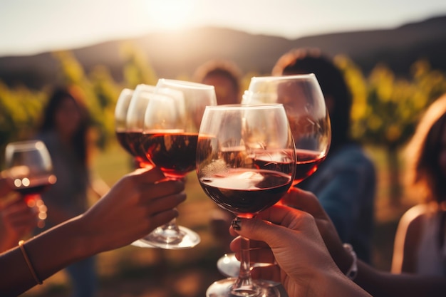 Grupa przyjaciół zbiera się na degustację wina w wiejskim winnicy w letnim sezonie zbiorów, witając i wznosząc toasty z przyjaźnią.
