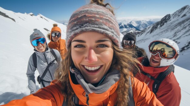 Zdjęcie grupa przyjaciół zjeżdża na nartach po śnieżnej górze.