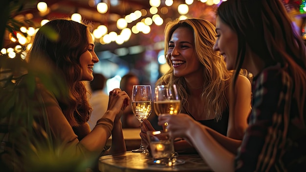 Grupa przyjaciółek lubi razem rozmawiać i pić w restauracji z barem Spotkanie kobiet na imprezie lub wydarzeniu Nocny styl życia w weekend