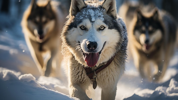 Grupa psów husky biegnących po śniegu