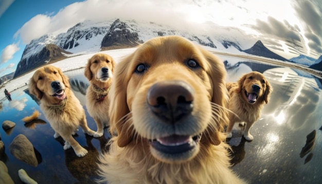 Grupa psów rasy golden retriever najsłodsza grupa psów robiących selfie z generatywną sztuczną inteligencją