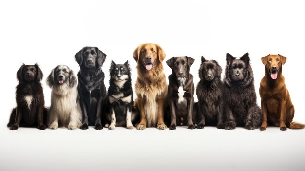 Grupa psów różnych ras siedzących na białym tle