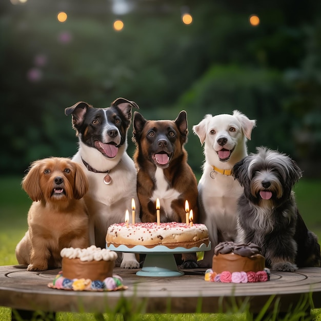 Grupa psów siedzących wokół zewnętrznego ciasta urodzinowego na zewnątrz