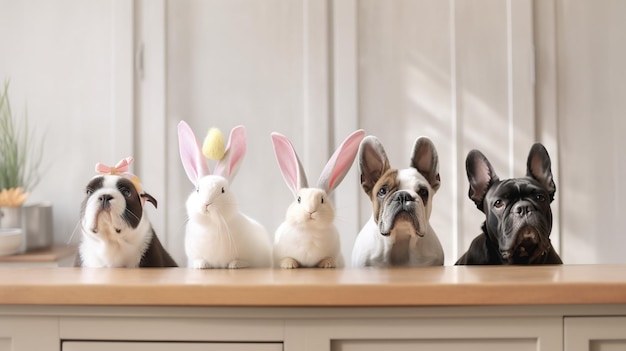 Grupa psów siedzi w rzędzie, z których jeden ma królika na głowie.
