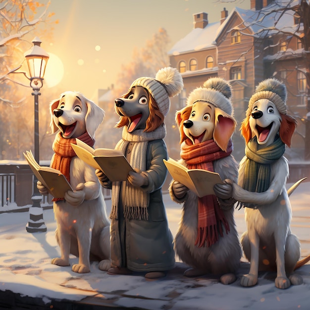 grupa psów ubranych w zimowy kapelusz i szalik śpiewających kolędę w śnieżnym tle kreskówki na świeżym powietrzu
