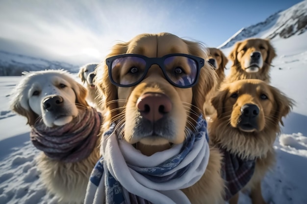 Grupa psów w okularach i szaliku z napisem golden retriever