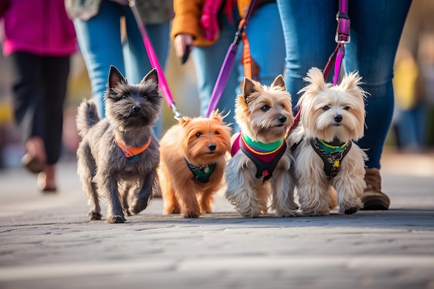 Grupa psów Yorkshire Terrier z właścicielami chodzącymi po ulicy