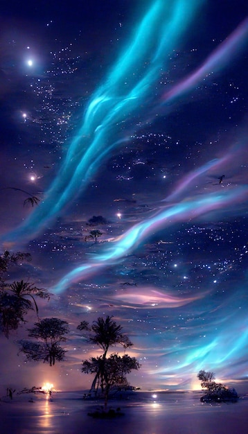 Grupa ptaków latających nad zbiornikiem wodnym pod generatywnym ai nocnego nieba