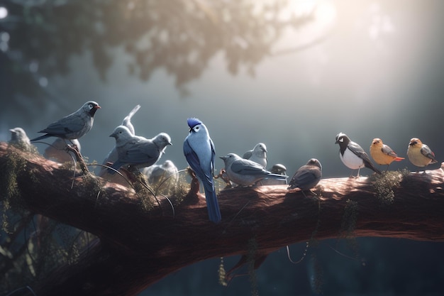 Grupa ptaków na gałęzi ze światłem świecącym na nich.