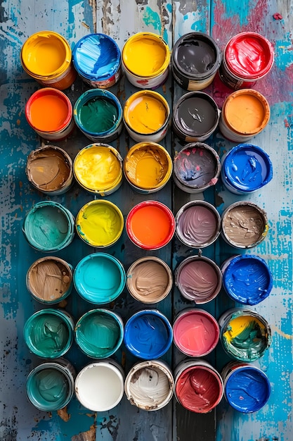 Grupa puszek farb na drewnianym stole