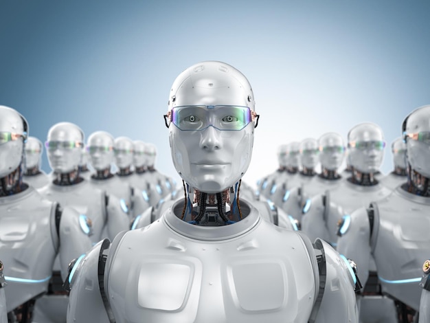 Grupa renderująca 3d robotów sztucznej inteligencji lub cyborgów