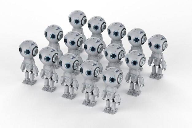 Grupa renderująca 3d uroczych robotów sztucznej inteligencji z postacią z kreskówek