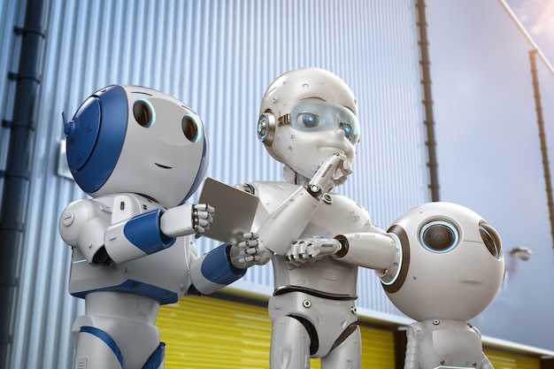 Grupa renderująca 3d uroczych robotów w fabryce dla technologii przemysłowej