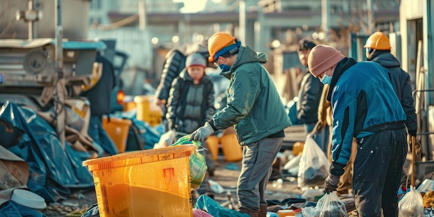 Grupa robotników sortuje śmieci.