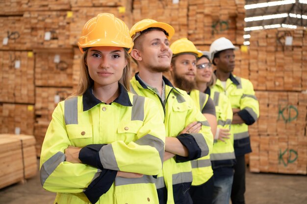 Zdjęcie grupa robotników w dużej fabryce drewna bawi się z skrzyżowanymi ramionami po zakończeniu pracy