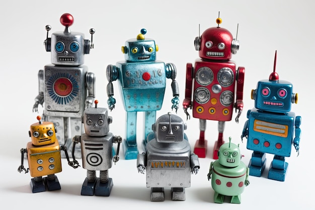 Grupa robotów kolorowych zabawek stojących w rzędzie Generative AI