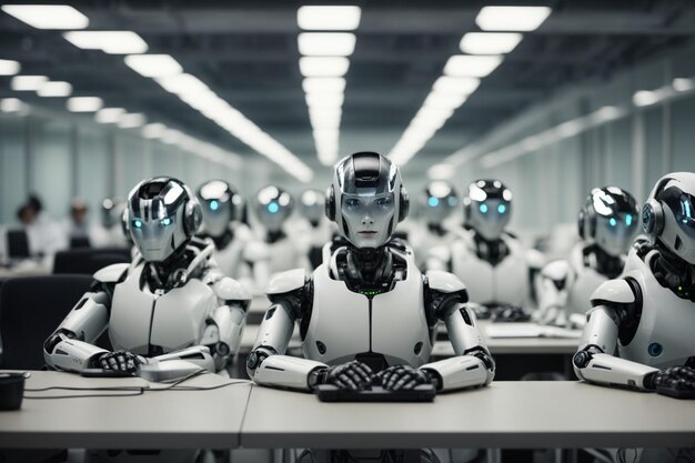 Zdjęcie grupa robotów pracujących w nowoczesnym biurze koncepcja sztucznej inteligencji