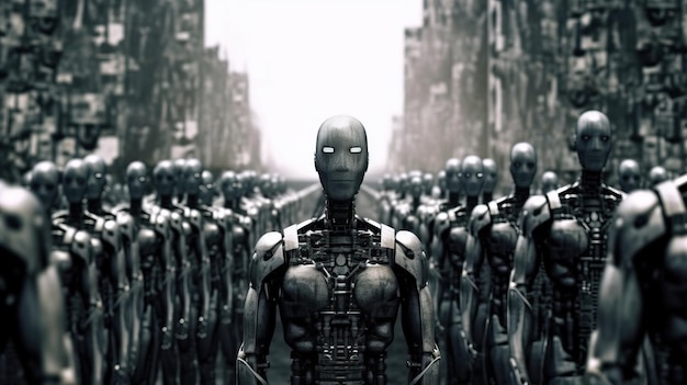 Grupa robotów stojących w linii Generative AI Art