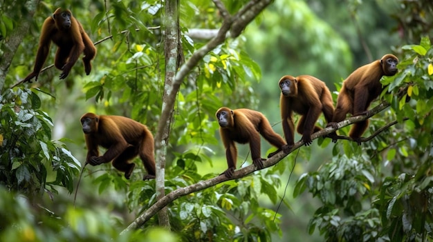 Grupa rodziny małp żyjących na drzewach w naturalnym lesie i patrzących