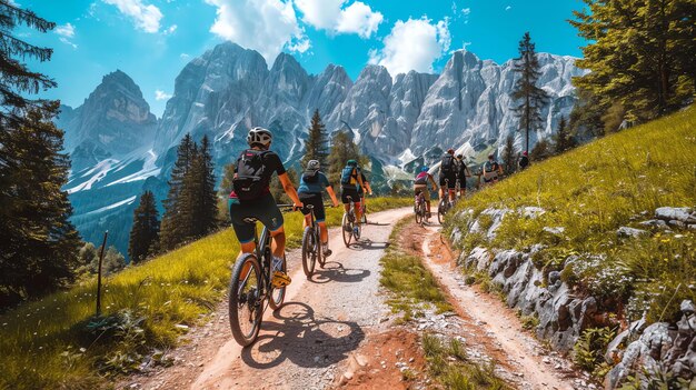 Zdjęcie grupa rowerzystów górskich jeździ po brudnej ścieżce w górach rowerzyści są otoczeni bujne zielone drzewa i pokryte śniegiem góry