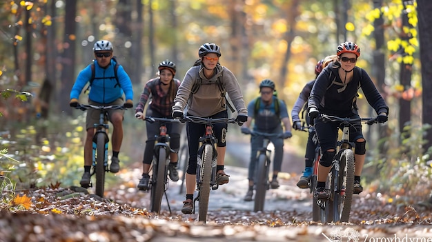 Grupa rowerzystów górskich przejeżdża przez las. Wszyscy rowerzyści noszą hełmy i sprzęt ochronny. Szlak jest pokryty liśćmi.