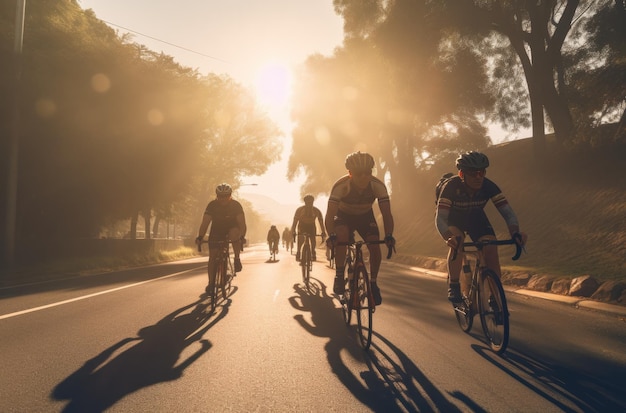 Grupa rowerzystów jeżdżących rowerami w dół drogi w słońcu