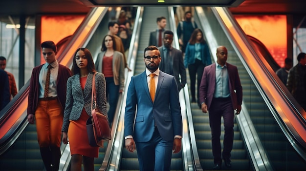 Grupa różnorodnych biznesmenów porusza się po ruchomych schodach w nowoczesnym biurze.