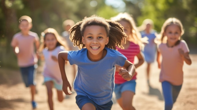 Grupa różnorodnych dzieci biegnie w wyścigu, wszystkie dzieci uśmiechają się i wydają się dobrze się bawić, na tle jest rozmycie drzew i nieba.