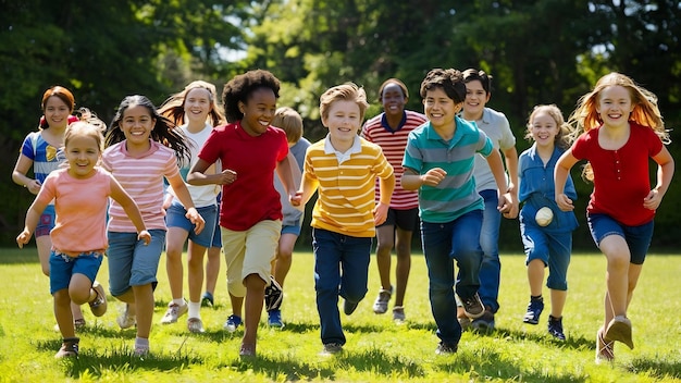 Grupa różnorodnych dzieci grających razem na boisku