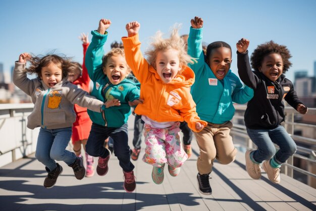 Grupa różnorodnych dzieci skaczących w powietrze