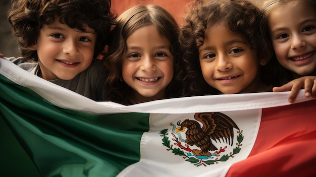 Grupa różnorodnych dzieci trzymających flagę edukuje i świętuje różne narodowości i kraje