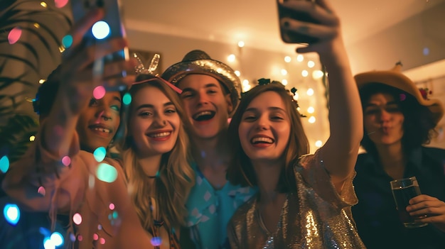 Zdjęcie grupa różnorodnych i pięknych młodych przyjaciół świętuje nowy rok razem wszyscy noszą kapelusze i trzymają kieliszki z szampana