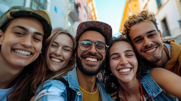 Grupa różnorodnych i szczęśliwych przyjaciół robi razem selfie na świeżym powietrzu w mieście. Wszyscy uśmiechają się i patrzą w kamerę.
